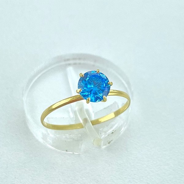 Anel de Ouro 18k Solitário Cálice com Zircônia Azul Swiss