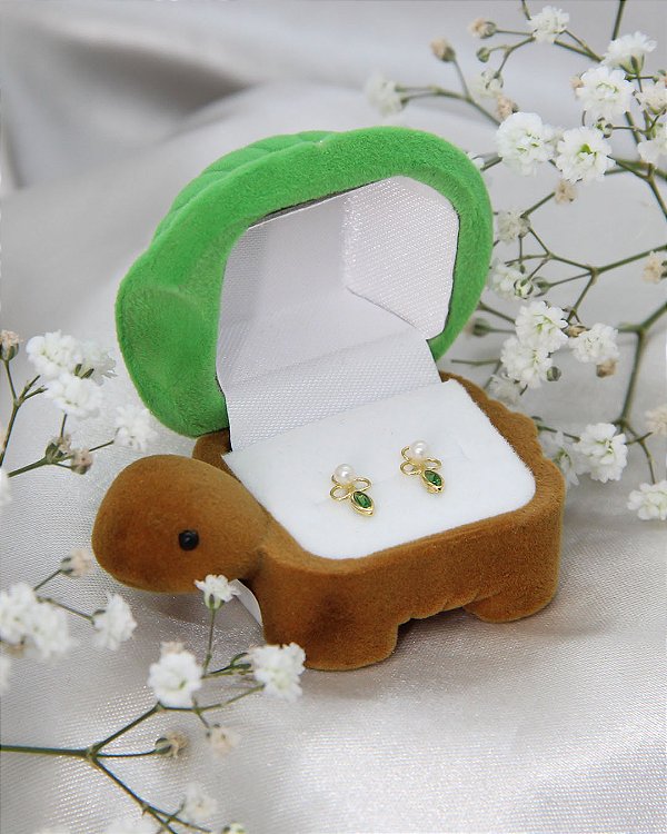 Brinco de Ouro 18K Flor Zircônia com Pérola