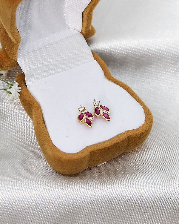 Brinco de Ouro 18K Folhas Zircônia