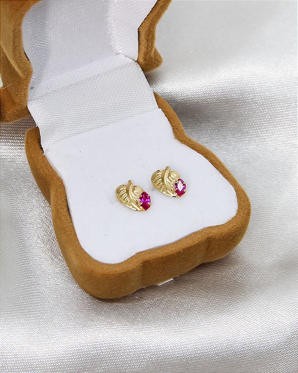 Brinco de Ouro 18K Folha com Zircônia