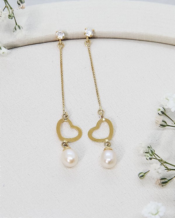 Brinco de Ouro 18K Pendurado Fio Veneziana Coração com Pérola