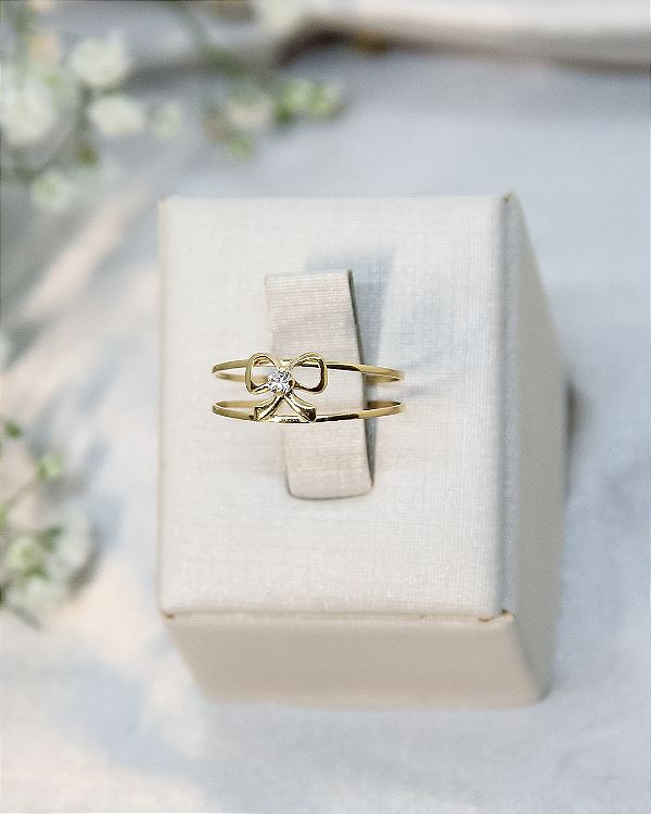 Anel de Ouro 18K Aro Duplo Laço com Zircônia