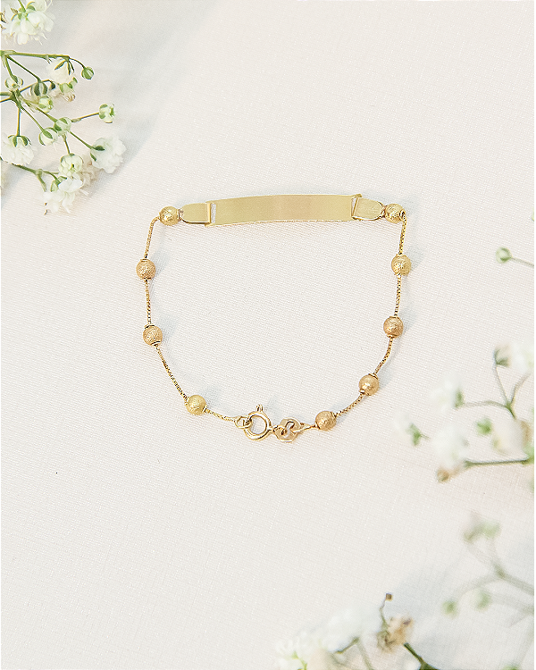 Pulseira de Ouro 18K Infantil com Chapa e Bolinhas