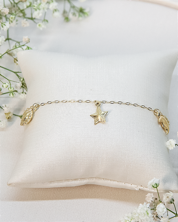 Pulseira de Ouro 18K Infantil com 3 Penduricalhos