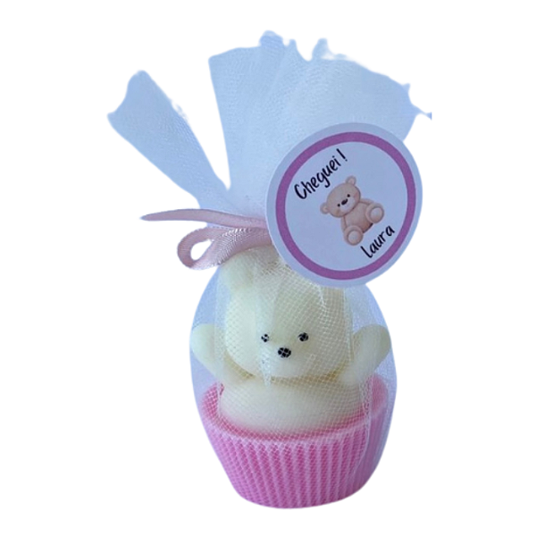 Vela Ursinho Cupcake Personalizada 50g com tule, laço e tag