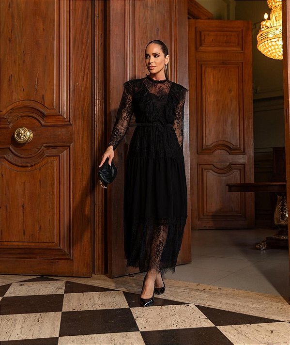 VESTIDO RENDA COM CHIFFON MIDI PRETO - LUZIA FAZZOLLI