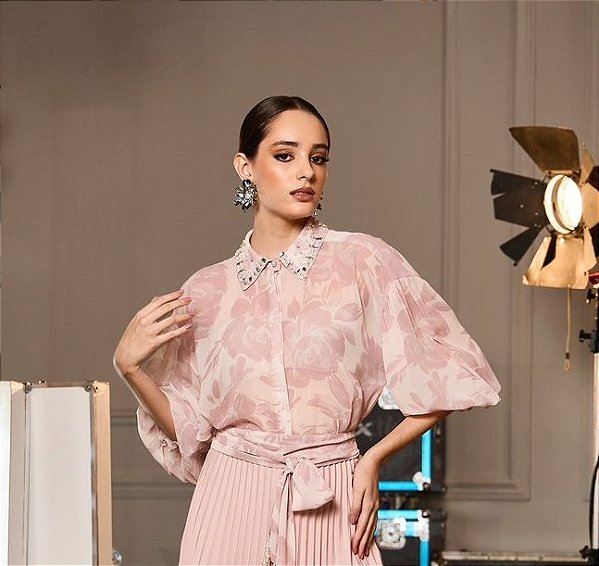 CAMISA CHIFFON ESTAMPADA GOLA BORDADA - LUZIA FAZZOLLI
