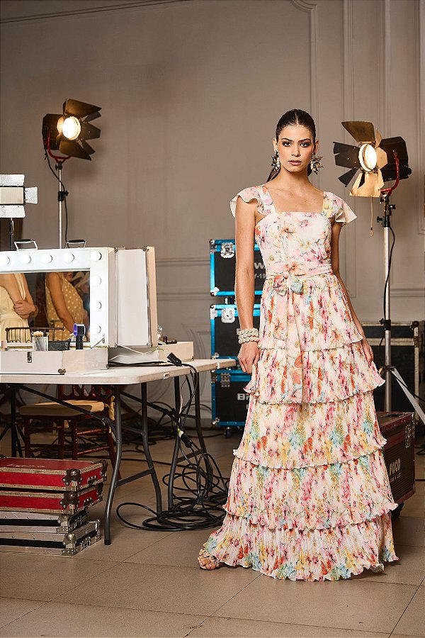 VESTIDO LONGO PLISSADO CHIFFON ESTAMPADO - LUZIA FAZZOLLI