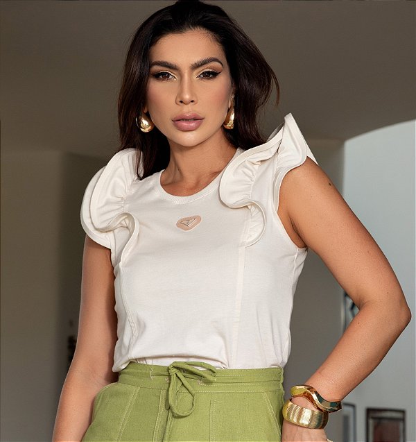 T-SHIRT MALHA DETALHE BABADO PLACA LF - LUZIA FAZZOLLI