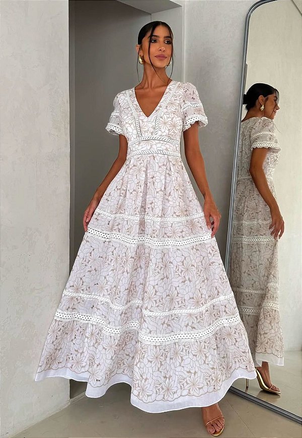 VESTIDO LAISE BICOLOR BEGE MIX RENDA GUIPIR - DELIGHT