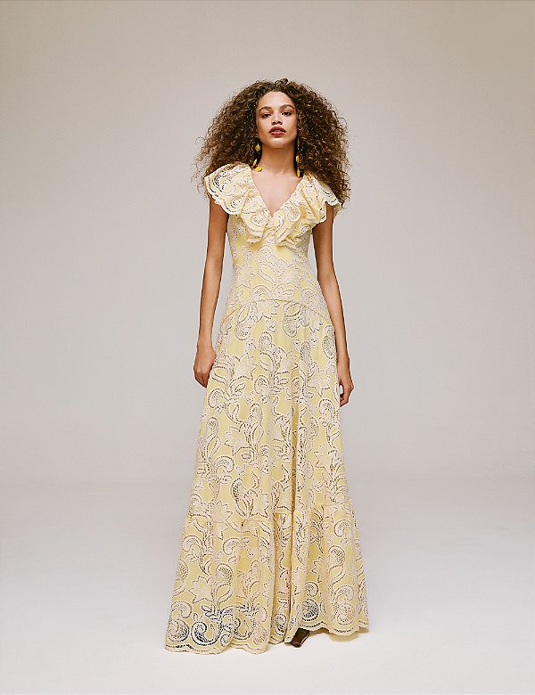 VESTIDO LAISE DECOTE V MG BABADO AMARELO - DELIGHT