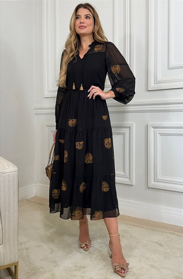 VESTIDO CHIFFON BORDADO - LUZIA FAZZOLLI