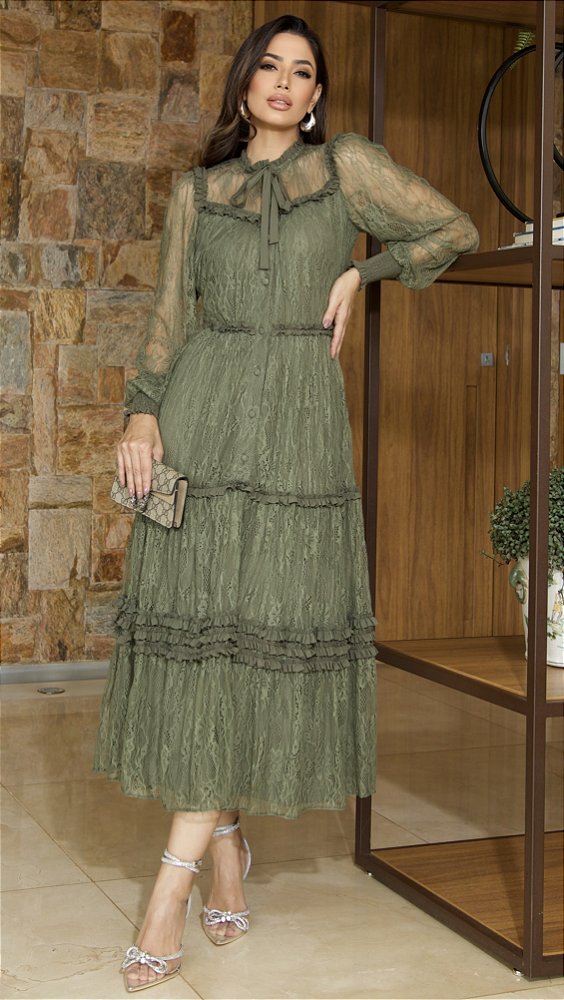 VESTIDO RENDA CHANTILLY COM BABADINHO - LUZIA FAZZOLLI