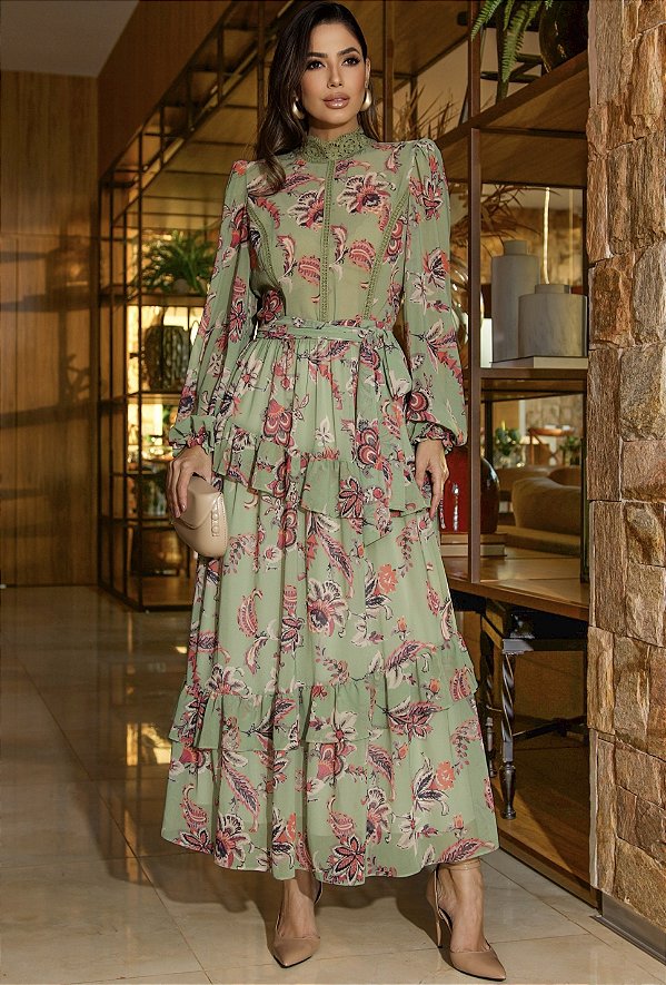 VESTIDO CHIFON ESTAMPADO SAIA ASSIMÉTRICA - LUZIA FAZZOLLI