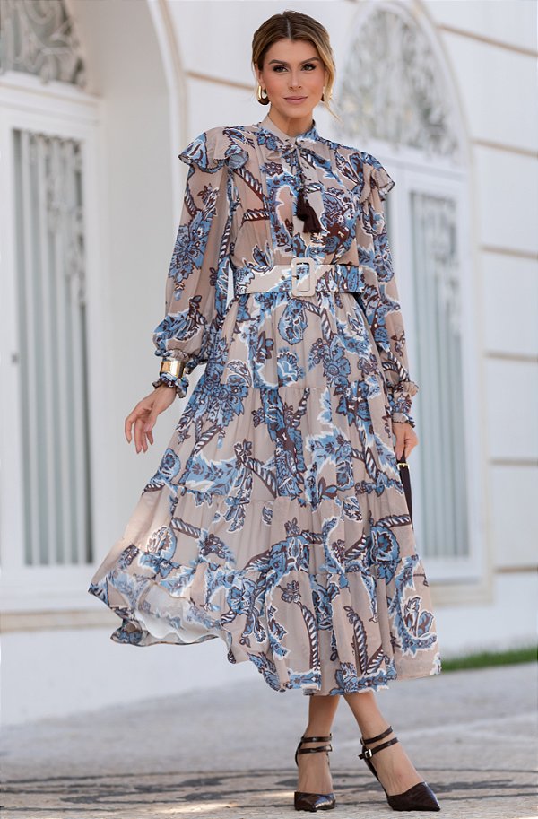 VESTIDO CHIFFON ESTAMPADO COM ILHÓS - LUZIA FAZZOLLI