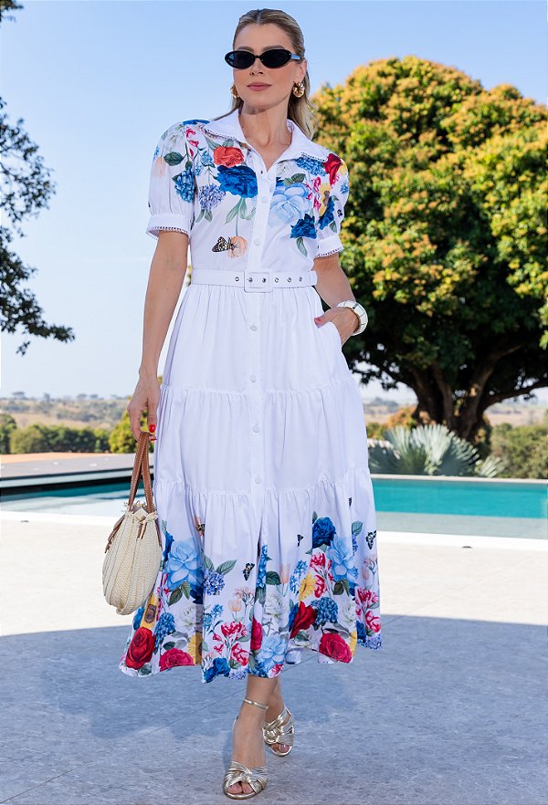 VESTIDO TRICOLINE CHEMISIER ESTAMPA FLORAL - LUZIA FAZZOLLI