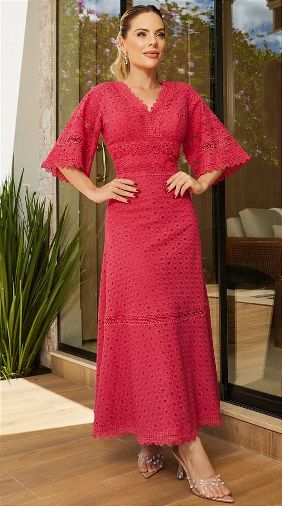 VESTIDO MIDI EM LAISE COM GUIPIR PINK - DOCE MARIA
