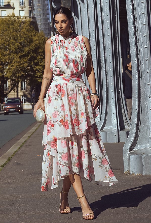 VESTIDO CHIFFON ESTAMPADO EM CAMADAS - LUZIA FAZZOLLI
