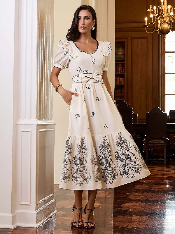 VESTIDO VOIL BORDADO BARRADO FLORAL - LUZIA FAZZOLLI