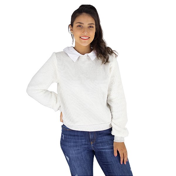 Blusa Moletom Off White com Pelinho Menina Rosa