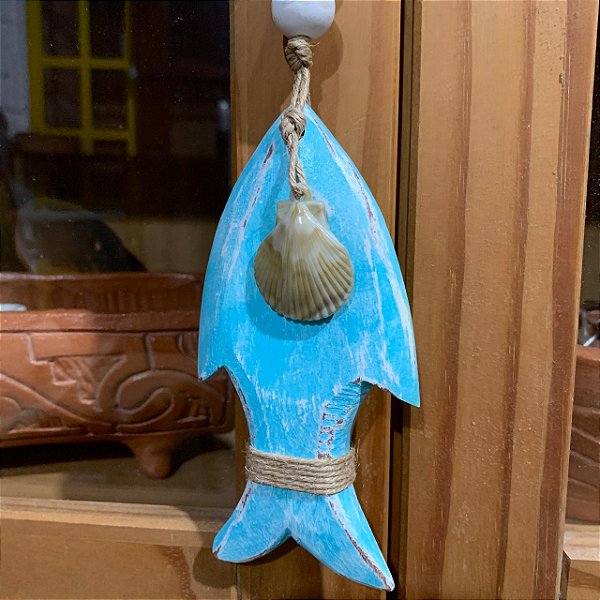 Pingente peixe de madeira 15cm Azul