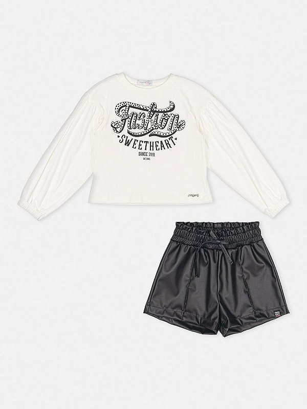 Conjunto Blusa Manga Longa e Shorts Couro Momi
