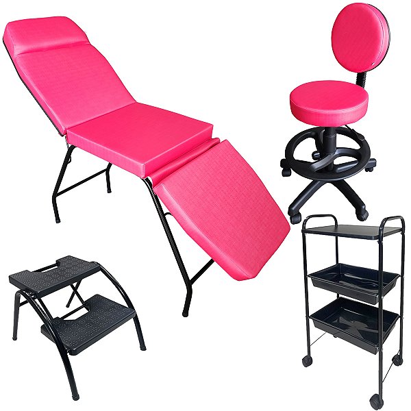 Kit Estética Maca 3 pos Mocho Escada e Carrinho Estofado Pink