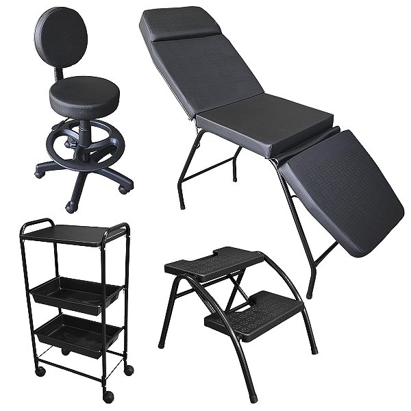 Kit Completo Clínica Estética: Maca Reclinável + Mocho com regulagem de altura + Escada antiderrapante + Carrinho Auxiliar