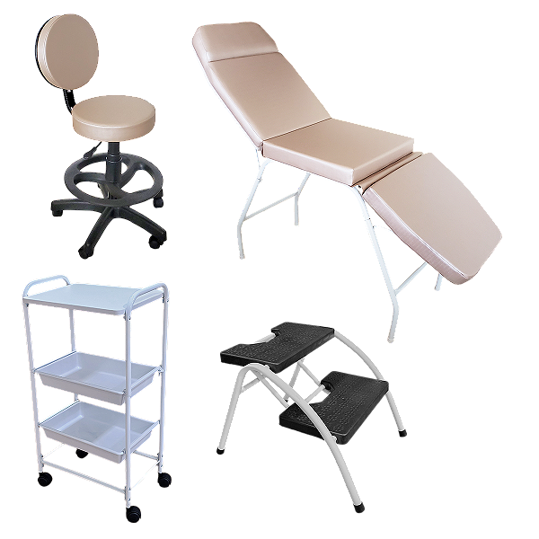 Kit Completo Clínica Estética: Maca Reclinável + Mocho com regulagem de altura + Escada antiderrapante + Carrinho Auxiliar