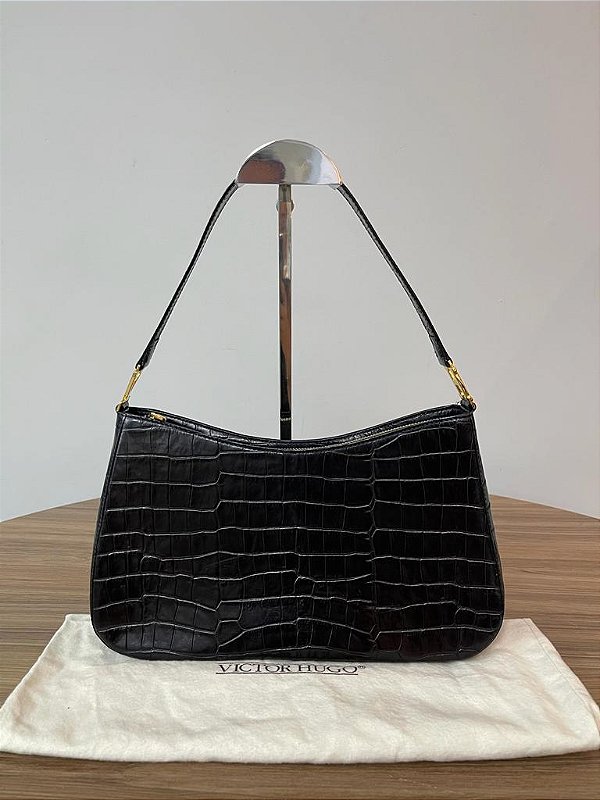 Bolsa Victor Hugo Baguette preta em couro
