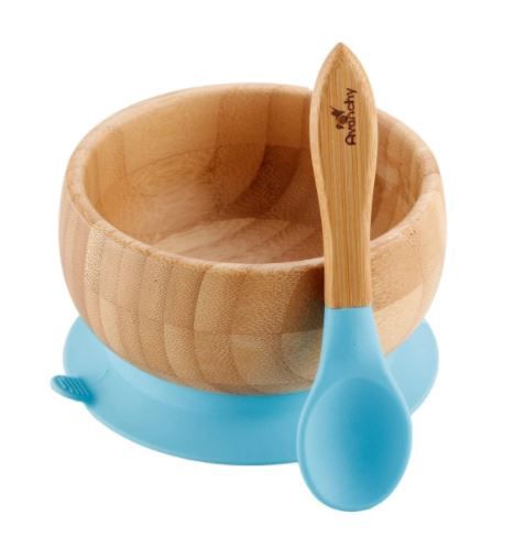 Tigela bambu com ventosa e colher  de silicone azul Avanchy