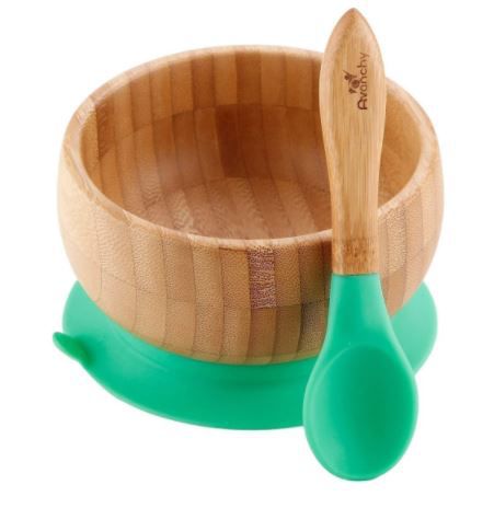 Tigela bambu com ventosa e colher  de silicone verde Avanchy