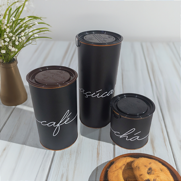 Conjunto  três latas metálicas Café,  Chá e Açúcar Preto