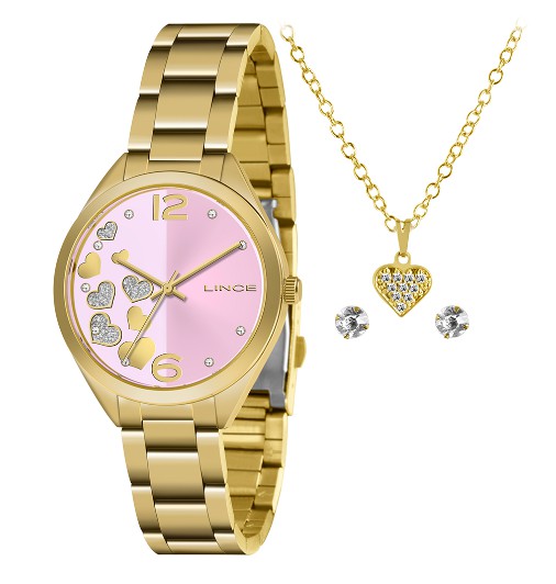 Relógio Feminino Dourado Lince Rosa A Prova Dagua Corações