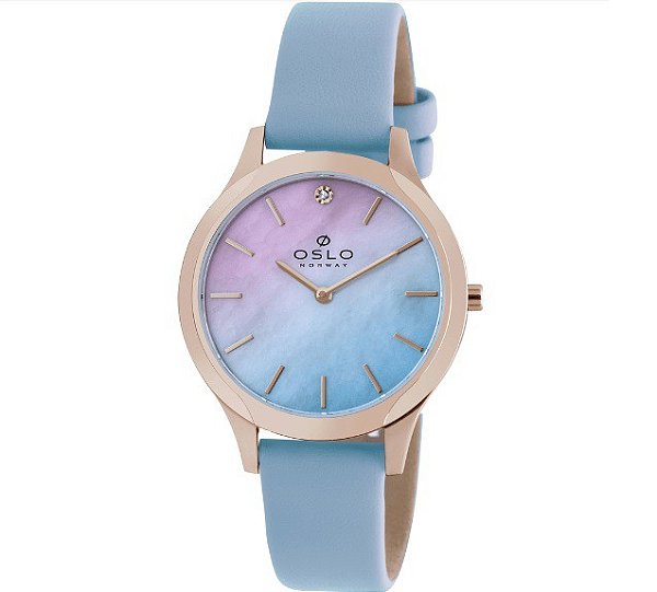 Relógio Feminino Oslo Azul Vidro Safira Não Risca Nunca Visor Madripérola