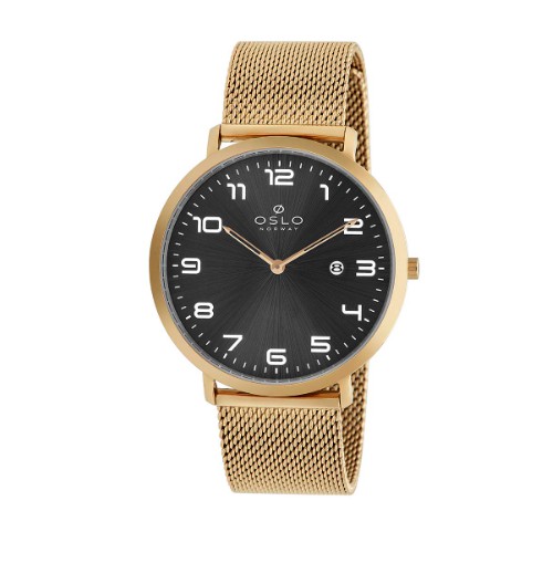 Relógio de Pulso Masculino Dourado Calendário com Visor Preto Vidro Safira