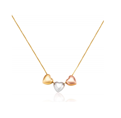 Colar Gargantilha Três Corações Ouro Branco Amarelo Vermelho