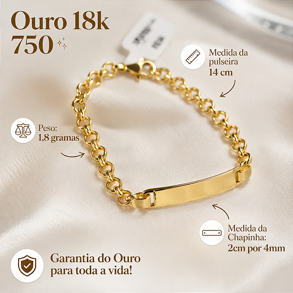 Pulseira Chapinha Infantil Bebê Ouro 18k 14cm Gravação + Nf