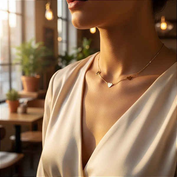 Colar Gargantilha Choker 3 Corações Liso Ouro 18k 45cm Nota