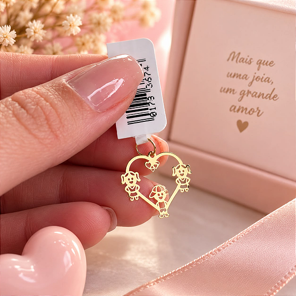 Pingente Filhos Coração 2 Meninas E 1 Menino Ouro 18k 0.4gr