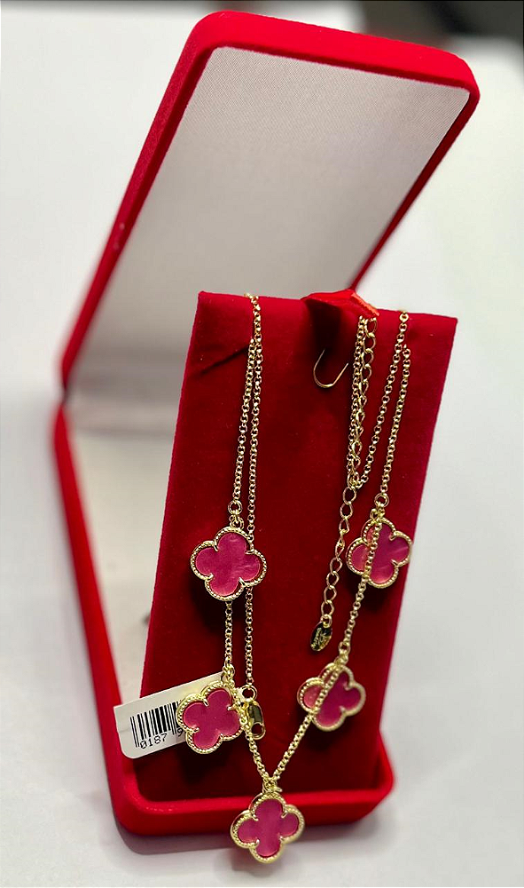 Colar Choker Trevo Virginia Pedra Rosa Madriperola Da Sorte