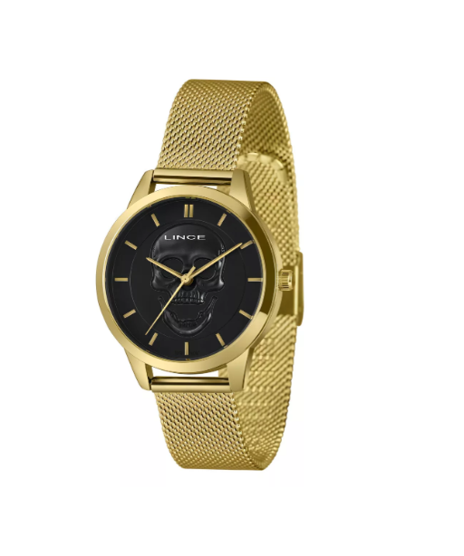 Relógio Lince Dourado E Preto Caveira Mesh Police Lrg4809l36