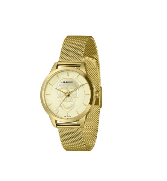 Relógio Lince Dourado Caveira Policia Mesh Lrg4809l36 C1kx