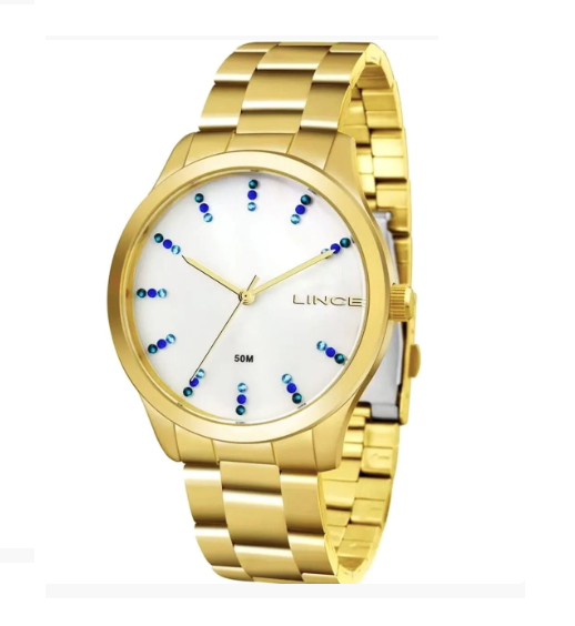 Relogio Feminino Dourado Lince Madre Pérola Pedra Da Sorte
