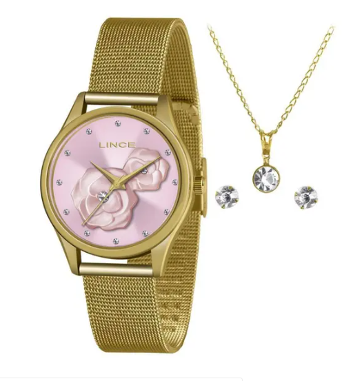 Relógio Lince Feminino Dourado Com Rosa + Semijóia Lrgj144l