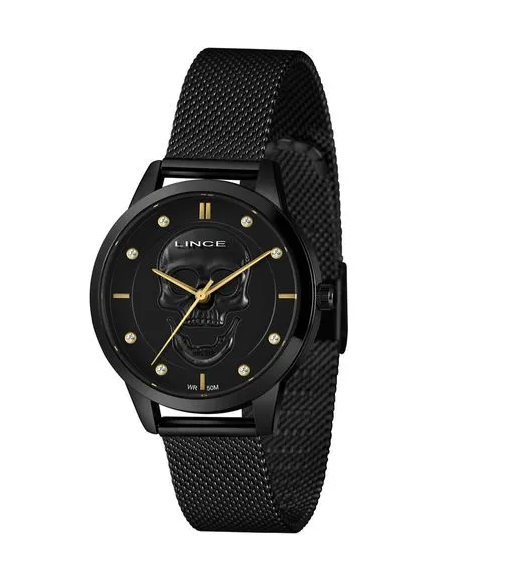Relógio Lince Feminino Caveira Preto Ponteiros Dourado LRN4809L36 P1PX