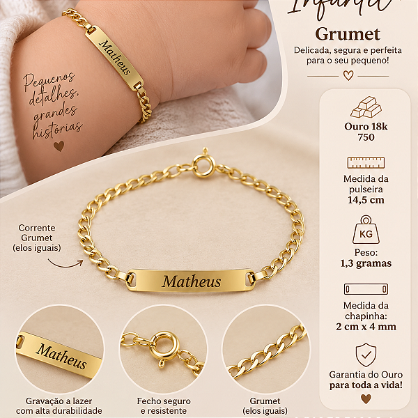 Pulseira Bebê Chapinha Infantil Ouro 14,5cm 1.3gr Unisex + Gravação