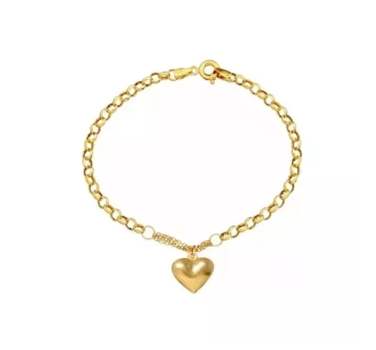 Pulseira Elo Português Ouro 18 Com Pingente Berloque Coração 18,5cm