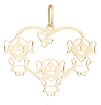 Pingente De Ouro 18k Coração 3 Meninas Filhas Peso 0.4gr