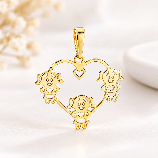 Pingente De Ouro 18k Coração 3 Meninas Filhas Peso 0.4gr
